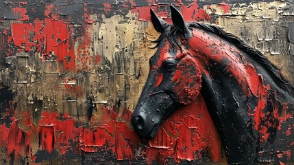 Wall Mural - Abstract painting, metal elements, texture background, horses, animals.