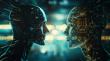 Big data, artificial intelligence, machine learning in online face-to-face marketing concept in form of two woman faces outline with circuit board and binary data flow