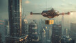 copter flying with carton box on megapolis city background. Concept of remote control delivery service.