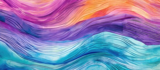 Wall Mural - A detailed closeup of a vibrant painting displaying a mix of purple, azure, violet, pink, aqua, magenta, and electric blue waves. The art piece showcases a captivating textile pattern