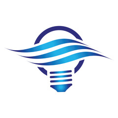 Poster - this is a simple logo of a blue wave on a blue lightbulb in flat style that looks clean on a white background