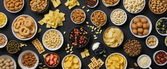 top view of various snacking on black background