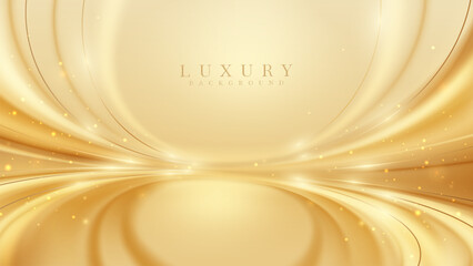 Wall Mural - Elegant abstract background of golden swirls line with shimmering particles and bokeh decorations, Warm stage atmosphere idea for luxury branding.