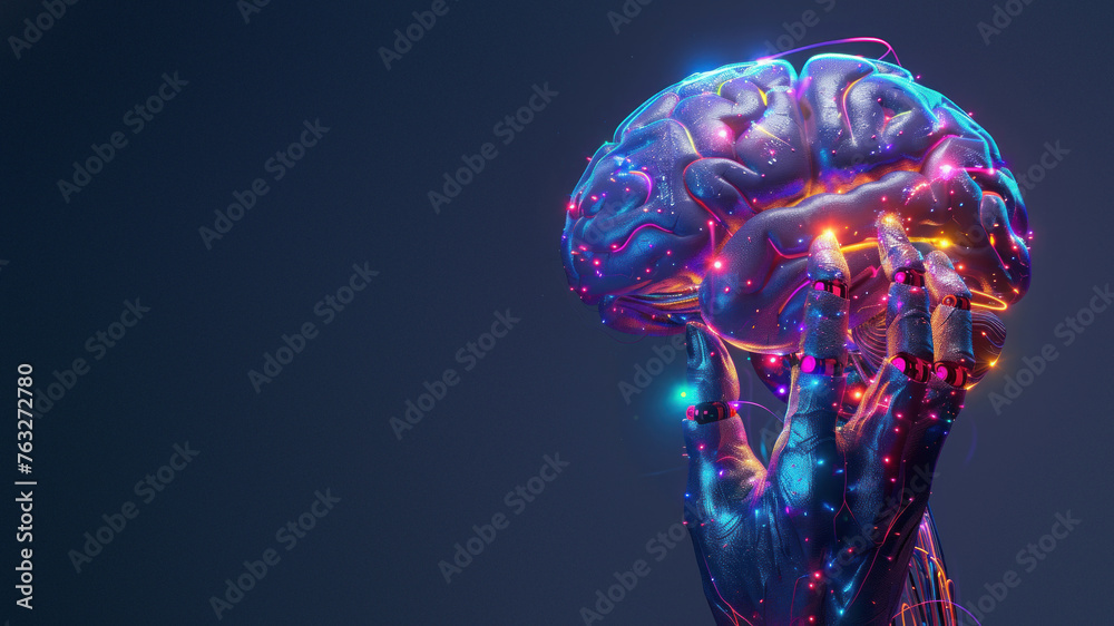 Captivating display of a mechanical arm elevating a brightly lit brain ...