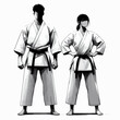 karate fighters, man and woman in kimono are training taekwondo, isolated vector logo for sport
