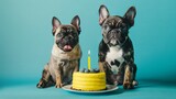 Fototapeta Zwierzęta - Dogs celebrating with birthday cake, party hat and confetti. Creative animal poster. 