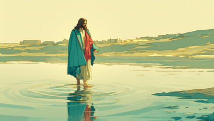 Poster - A digital illustration of Jesus walking on water