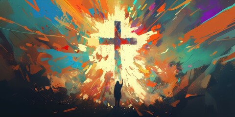 Poster - A digital painting of an abstract cross, with vibrant colors and dynamic shapes surrounding it. 