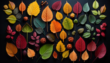 Illustration Of Leaves In Various Colors On A Black Background