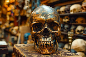 Sticker - Gold skull sits atop desk surrounded by other skulls.