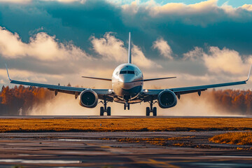 Poster - Large commercial airplane is taking off from runway on overcast day.