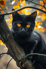 Sticker - Black cat with orange eyes sits in tree.