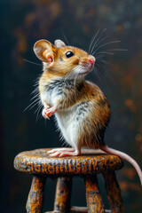 Canvas Print - Small mouse with big eyes sits on stool.