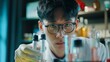 Researcher asian man wear lab cost work mixing test tube specialist sample chemist equipment with microscope at laboratory. Student young boy examining biotechnology health medical. 