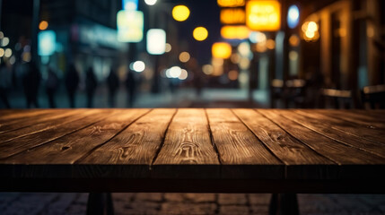 Canvas Print - Long wooden table sits in alley at night with street lights illuminating the area.