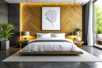 Canvas Print - Well decorated bedroom with large bed and two lamps on nightstands.