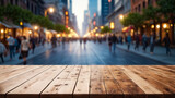 Fototapeta Uliczki - Long narrow wooden plank in front of busy city street filled with people and surrounded by buildings.