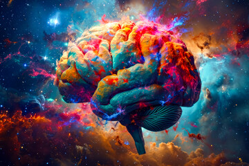 Sticker - Colorful and abstract brain is shown in front of vibrant blue pink and yellow background filled with stars and other celestial objects.