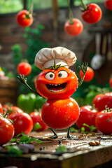 Sticker - Cartoon tomato wearing chef's hat and holding spoon is standing in front of several other tomatoes.