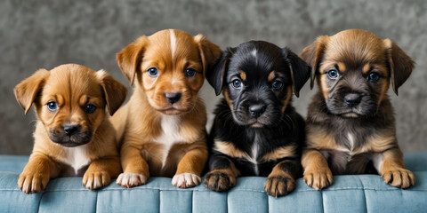 Sticker - Four adorable puppies of different breeds sit together on couch.