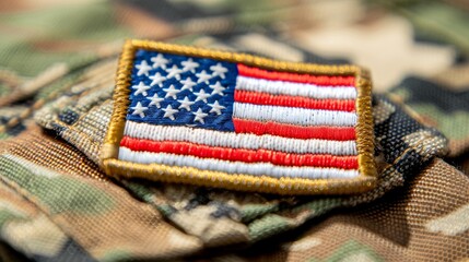 close-up of an american flag patch on a military uniform, with the uniform's details visible in the 