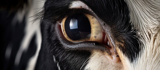 Wall Mural - Captivating closeup of a black and white dogs eye, showcasing intricate details of the iris, eyelash, and snout. Reminiscent of a falcons piercing gaze in the wild