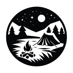 Wall Mural - Nighttime Campfire Scene in Mountainous Landscape Silhouette