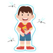 boy apply mosquito repellant lotion to protect mosquito bite