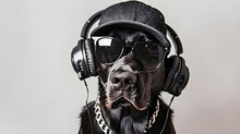 A Labrador Wearing Sunglasses, A Cap And Headphones Looks Like A Bright And Stylish Personality, Attracting Attention With Its Original Appearance.