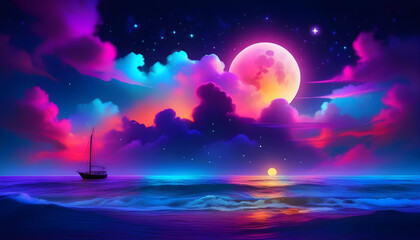 Wall Mural - A neon light art piece depicting a moonlit ocean scene with clouds, stars, and a colorful moon