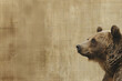 tête d'ours brun de profil, sur un fond brun beige en tissu, type lin avec espace négatif copy space. Animal sauvage