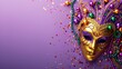 Colorful Mardi Gras Carnival Mask and Beads Resting on Vibrant Purple Background with Ample Copyspace for Tex