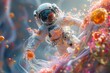 An image taken by an electron microscope shows a tiny fascinated astronaut walking on cell planet in a colorful