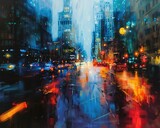 Fototapeta Nowy Jork - An abstract cityscape at night, with blurred lights and shapes suggesting urban energy,