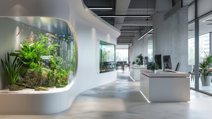 A contemporary office is enhanced by an impressive wall-mounted aquarium, merging a dynamic work environment with the serenity of marine life.