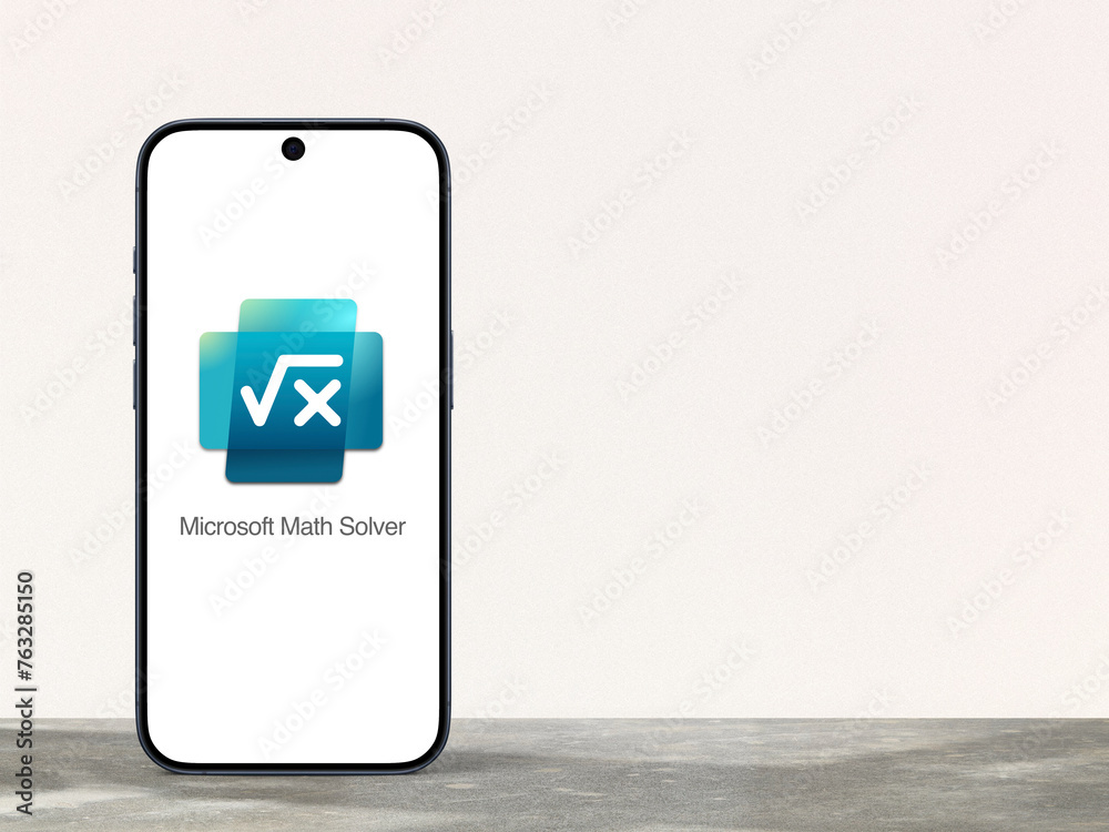 Microsoft Math Solver logo is displayed on a modern smartphone, entry ...