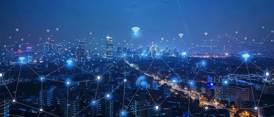 Poster - The concept of a smart city and communication network. 5G. LPWA (Low Power Wide Area). Wireless communication.