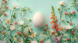 Fototapeta Do akwarium - Pastel Spring Flowers Encircle an Egg Centerpiece, Bringing Joyful Seasonal Vibes.