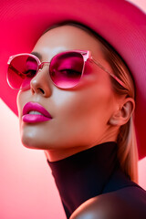 Poster - A woman wearing a pink hat and pink sunglasses. She has a pink lip color. The image has a bright and cheerful mood