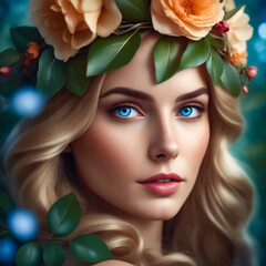 Poster - A woman with long blonde hair and blue eyes is wearing a flower crown. The image has a whimsical and playful mood, as the woman is dressed in a costume and surrounded by nature