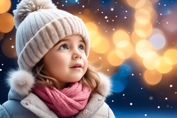 Sticker - A young girl wearing a white hat and a pink scarf is looking up at the sky. The sky is filled with snowflakes, creating a serene and peaceful atmosphere