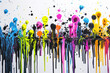 Illustration of many colorful splashes (with black) of color on a white background