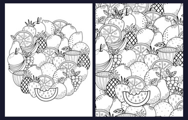 Doodle fruits coloring pages set. Healthy food black and white templates bundle with watermelon, strawberry, pineapple and others. Outline background. Vector illustration