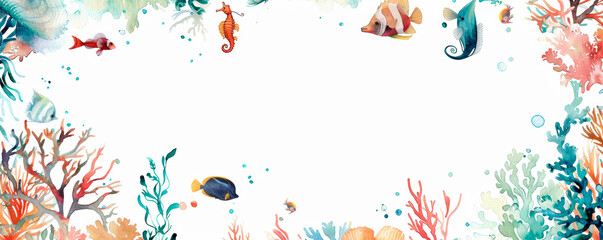 A vibrant underwater nautical frame scene teeming with a variety of fish swimming among colorful corals. The fish exhibit a range of sizes and colors, from small yellow angelfish. Banner. Copy space