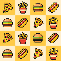 fast food seamless pattern, pixel art, slice of pizza, french fries, burger, hot dog, 90s, 80s, 8 bit, old arcade game style, vector illustration