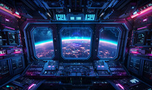 A Hyper-realistic Spaceship Panel Made Of Metal, With A Top Squared Panoramic View Of Space, Featuring Neon Blue And Purple Details. Generative Ai