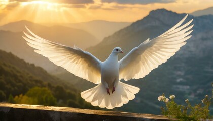 Wall Mural - Holy Spirit: White Dove with Open Wings in Majestic Mountain