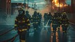 A group of firefighters in uniform walking down a city street, possibly on their way to an emergency or drill