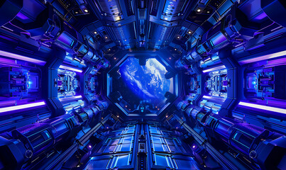 Wall Mural - A hyper-realistic spaceship panel made of metal, with a top squared panoramic view of space, featuring neon blue and purple details. Generative Ai