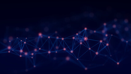 Poster - Dynamic blue wave of particles and lines. Abstract futuristic background. Big data visualization. 3D rendering.
